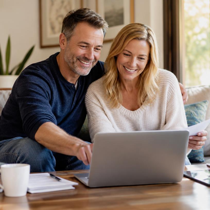 Happy couple banking